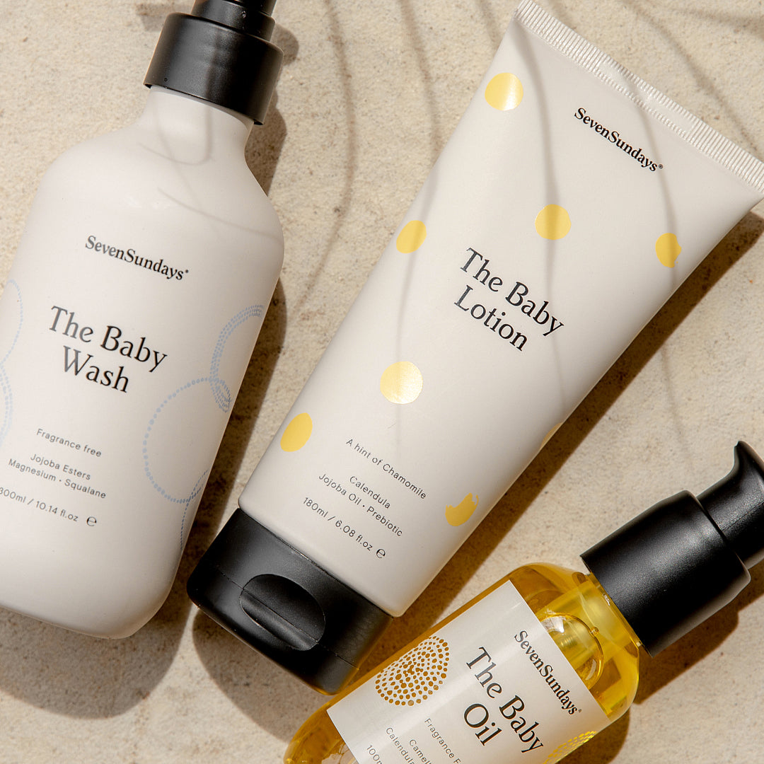 Seven Sundays product range including the baby wash, the baby lotion and the baby oil