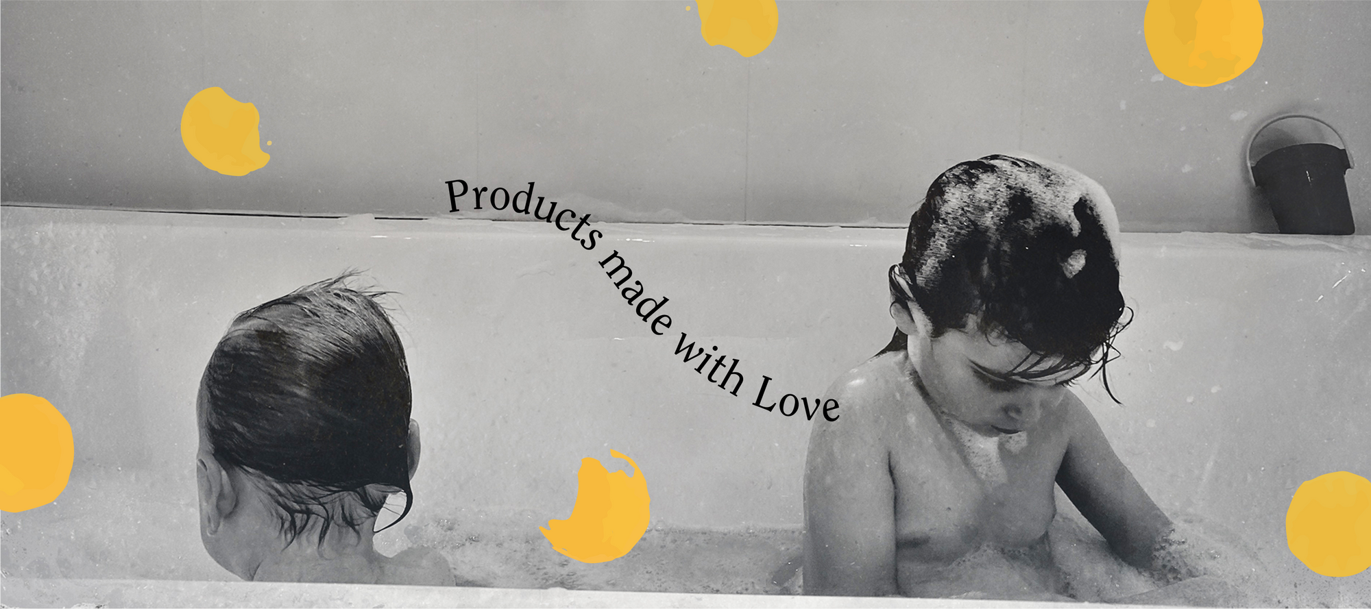 two boys playing in bath with text saying products made with love overlayed with seven sundays branding